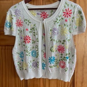Think Tank Womens white floral sequins cardigan, size XL
